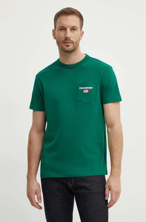 Bombažna kratka majica Polo Ralph Lauren moški, zelena barva