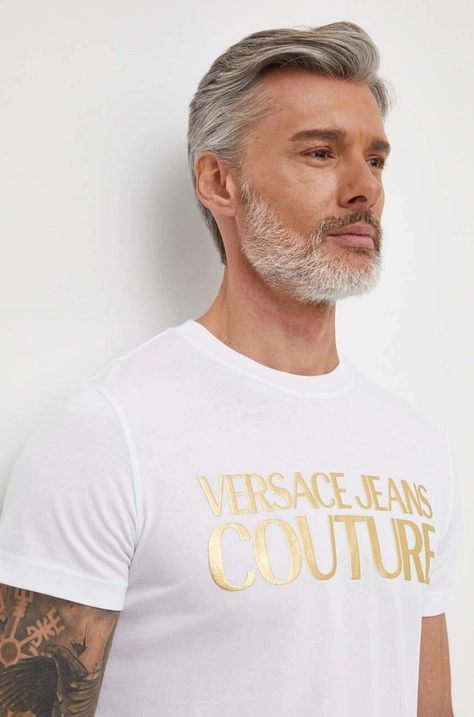 Pamučna majica Versace Jeans Couture za muškarce, boja: bijela, s tiskom