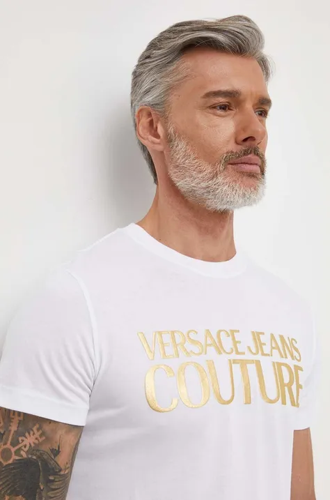 Bavlnené tričko Versace Jeans Couture pánsky, biela farba, s potlačou, 76GAHT00 CJ00T