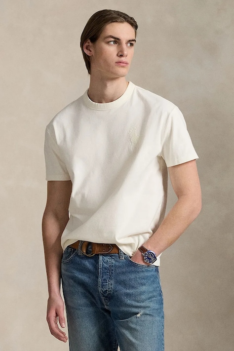 Polo Ralph Lauren t-shirt bawełniany męski kolor beżowy gładki 710936509