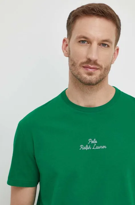 Bombažna kratka majica Polo Ralph Lauren moški, zelena barva