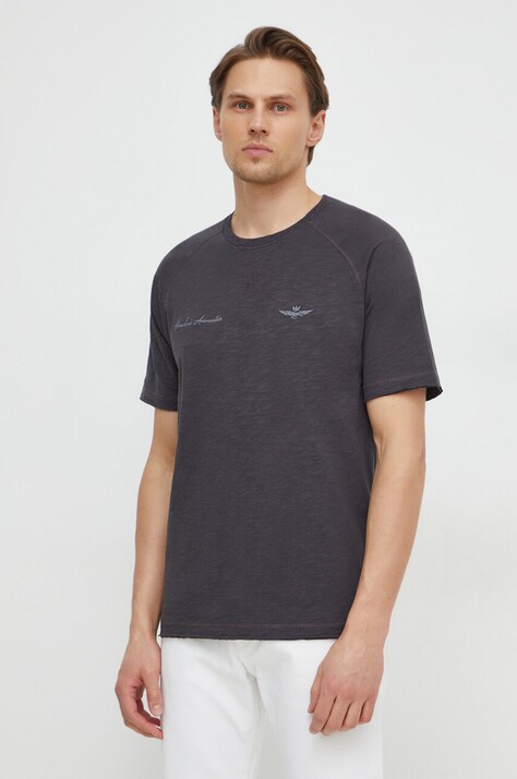 Памучна тениска Aeronautica Militare в сиво с изчистен дизайн TS2199J628