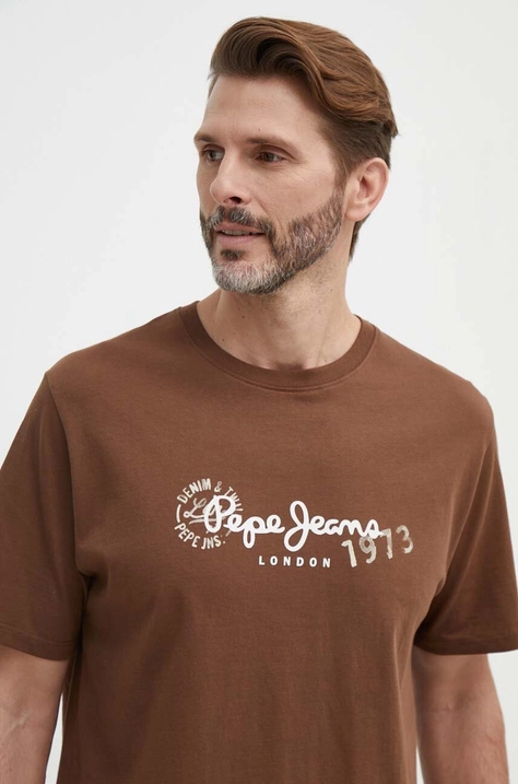 Pepe Jeans t-shirt CAMILLE męski kolor brązowy z nadrukiem PM509373