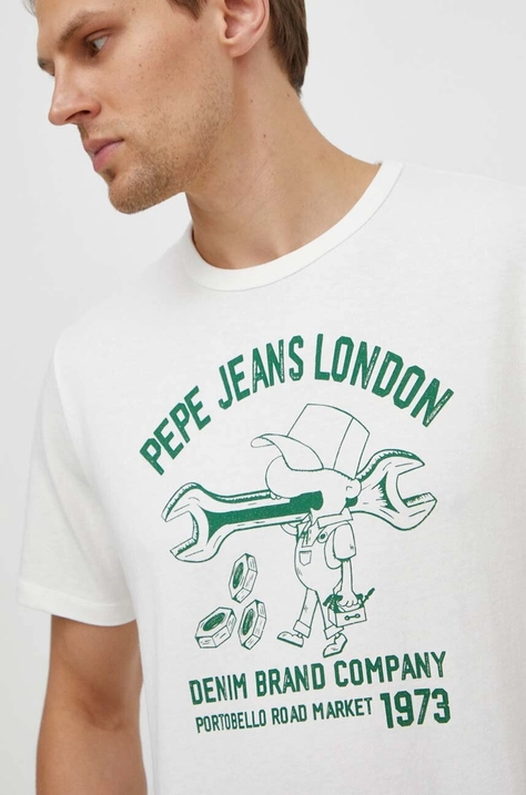 Pepe Jeans tricou din bumbac barbati, culoarea alb, cu imprimeu