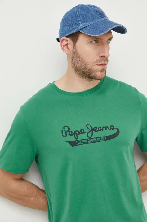 Хлопковая футболка Pepe Jeans мужской цвет зелёный с принтом