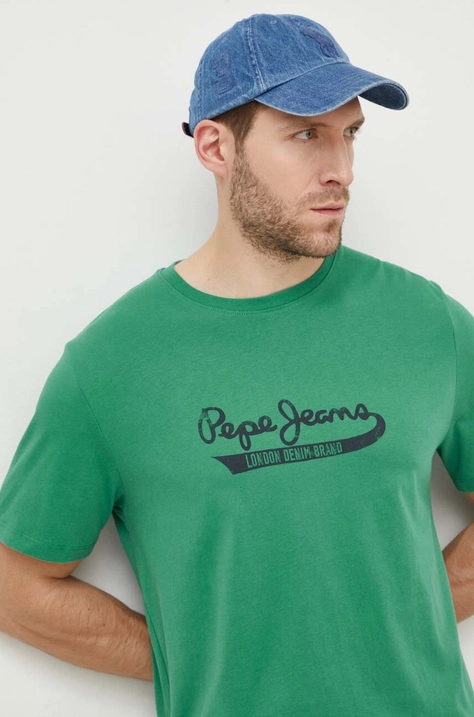 Bavlněné tričko Pepe Jeans zelená barva, s potiskem