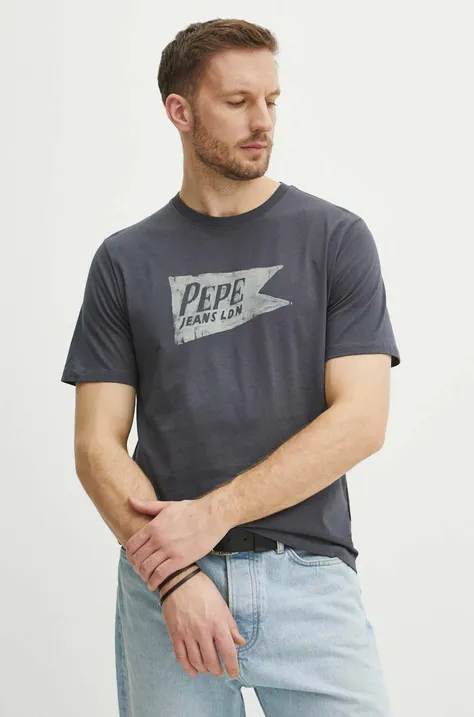 Pamučna majica Pepe Jeans SINGLE CARDIFF za muškarce, boja: siva, s tiskom, PM509401