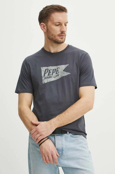 Pepe Jeans tricou din bumbac SINGLE CARDIFF barbati, culoarea gri, cu imprimeu, PM509401