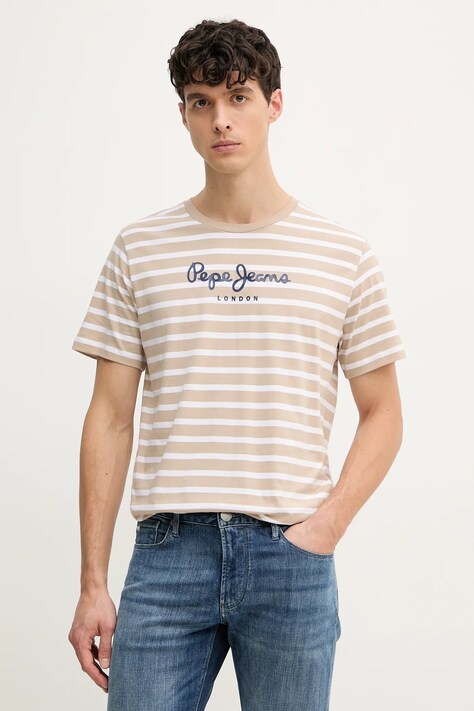 Bavlnené tričko Pepe Jeans pánsky, béžová farba, vzorovaný
