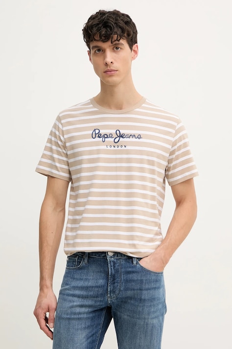 Pepe Jeans tricou din bumbac barbati, culoarea bej, modelator
