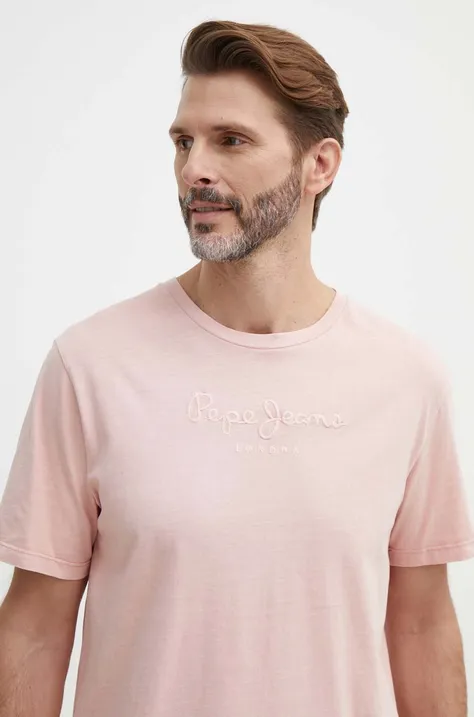 Pamučna majica Pepe Jeans za muškarce, boja: ružičasta, s aplikacijom