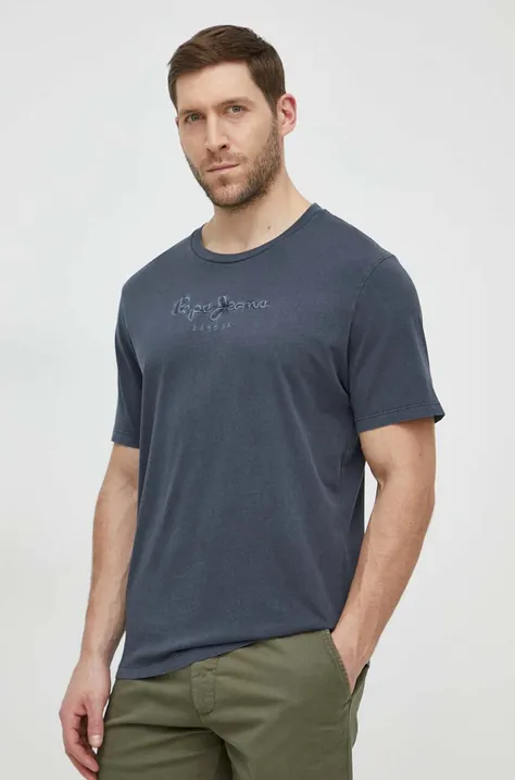 Pamučna majica Pepe Jeans za muškarce, boja: siva, s aplikacijom