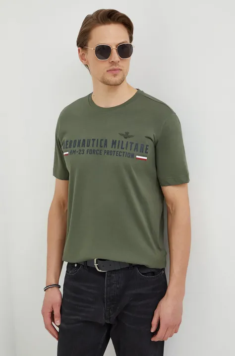 Bombažna kratka majica Aeronautica Militare moški, zelena barva