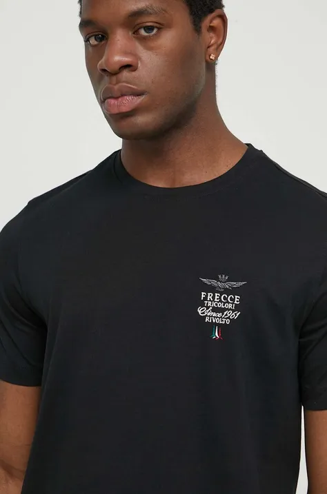 Хлопковая футболка Aeronautica Militare мужской цвет чёрный с аппликацией
