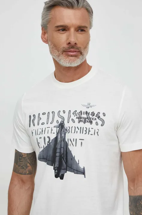 Бавовняна футболка Aeronautica Militare чоловічий колір бежевий з принтом