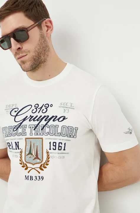Bavlnené tričko Aeronautica Militare pánsky, béžová farba, s potlačou