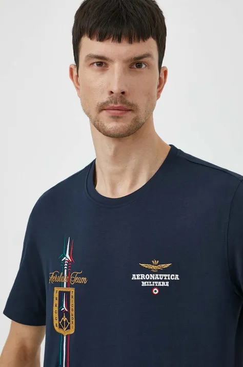 Pamučna majica Aeronautica Militare za muškarce, boja: tamno plava, s aplikacijom