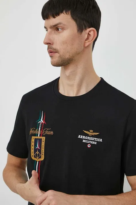 Хлопковая футболка Aeronautica Militare мужской цвет чёрный с аппликацией