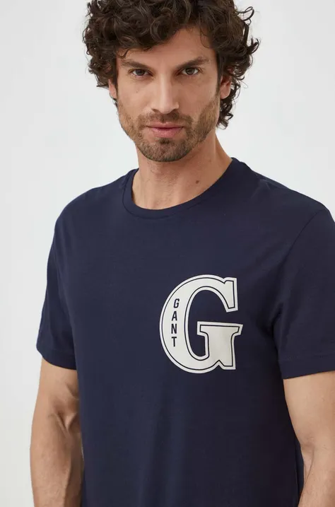 Pamučna majica Gant za muškarce, boja: tamno plava, s tiskom