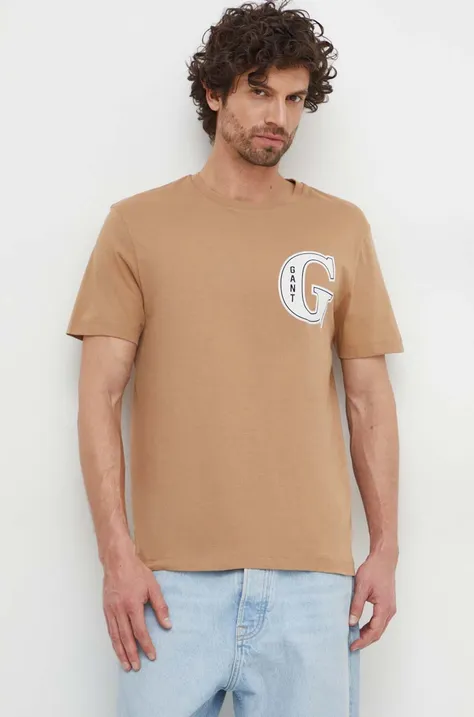 Βαμβακερό μπλουζάκι Gant ανδρικά, χρώμα: καφέ