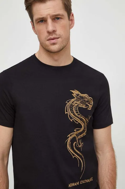 Хлопковая футболка Armani Exchange мужской цвет чёрный с аппликацией