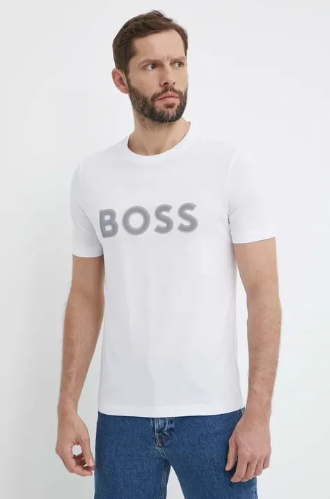 Bavlnené tričko Boss Green pánsky, biela farba, s potlačou