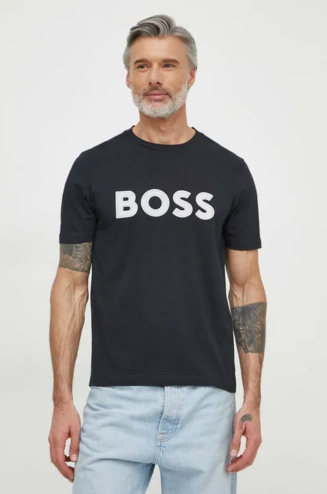 Bombažna kratka majica Boss Green moški, mornarsko modra barva