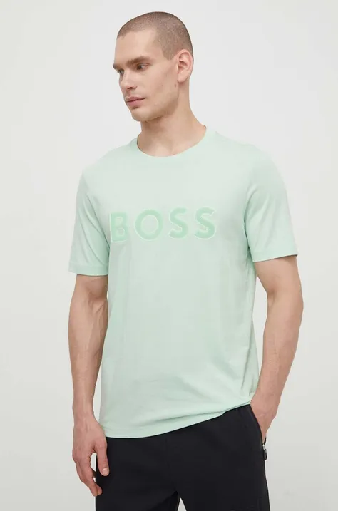 Bombažna kratka majica Boss Green moški, zelena barva