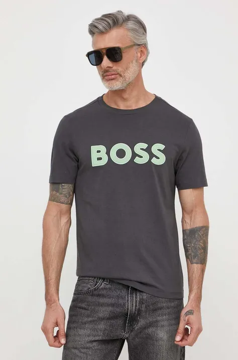 Хлопковая футболка Boss Green мужской цвет серый с принтом