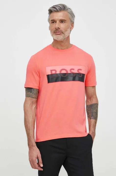 Boss Green t-shirt męski kolor różowy z nadrukiem