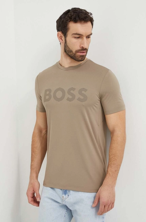 Boss Green t-shirt męski kolor beżowy z nadrukiem