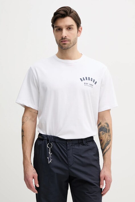 Barbour tricou din bumbac barbati, culoarea alb, cu imprimeu
