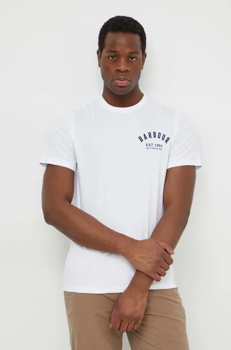 Бавовняна футболка Barbour чоловічий колір білий з принтом