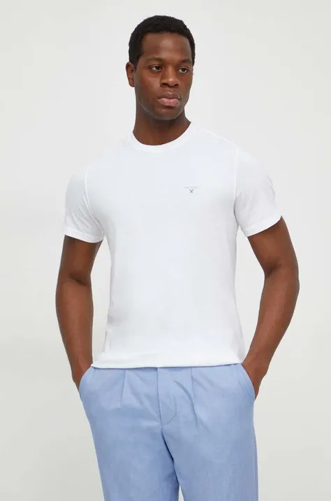 Bavlnené tričko Barbour pánsky, biela farba, jednofarebný