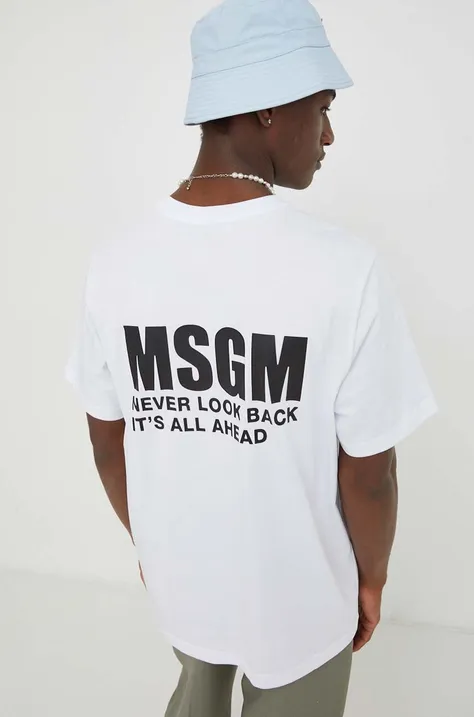 Bombažna kratka majica MSGM moški, bela barva