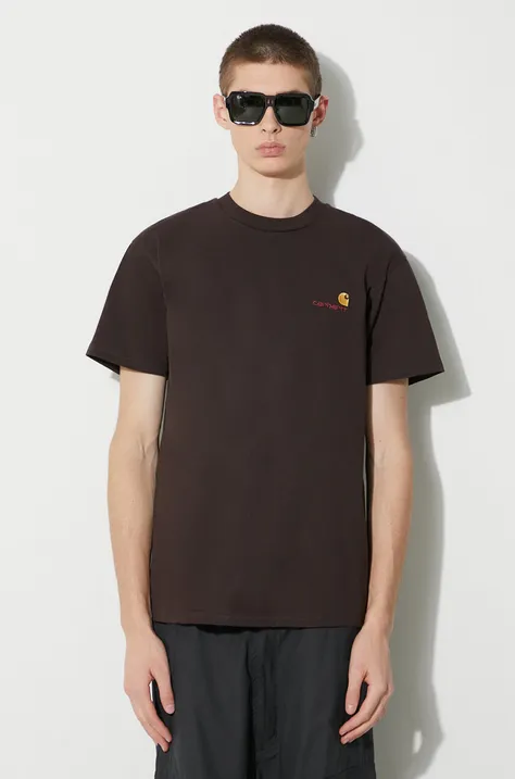 Бавовняна футболка Carhartt WIP S/S American Script T-Shirt чоловіча колір коричневий з аплікацією I029956.47XX