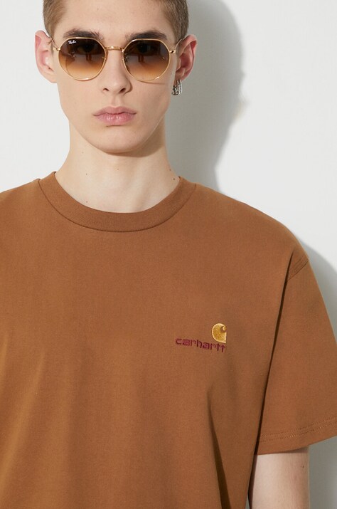 Бавовняна футболка Carhartt WIP S/S American Script T-Shirt чоловіча колір коричневий з аплікацією I029956.HZXX