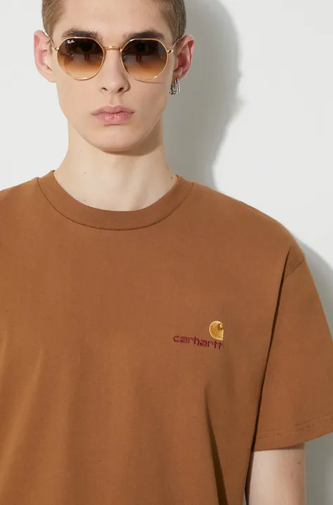 Carhartt WIP tricou din bumbac S/S American Script T-Shirt bărbați, culoarea maro, cu imprimeu, I029956.HZXX