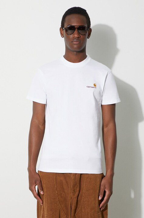 Бавовняна футболка Carhartt WIP S/S American Script T-Shirt чоловіча колір білий з аплікацією I029956.02XX