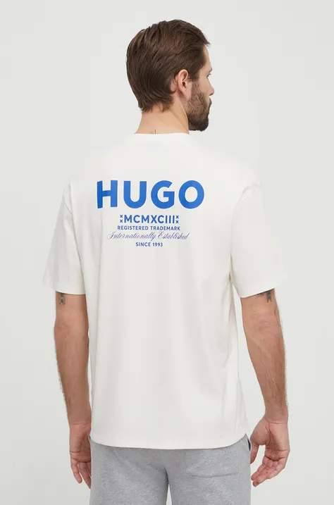 Pamučna majica Hugo Blue za muškarce, boja: bež, s tiskom, 50509776