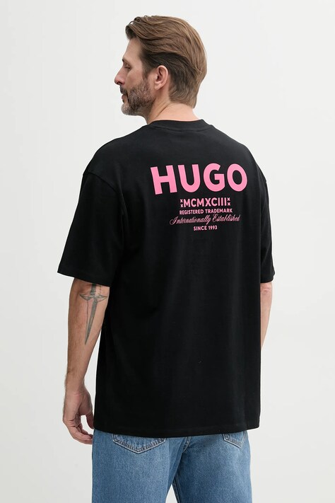 Hugo Blue tricou din bumbac barbati, culoarea roz, cu imprimeu