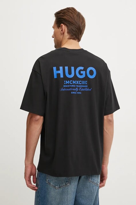 Hugo Blue tricou din bumbac barbati, culoarea negru, cu imprimeu