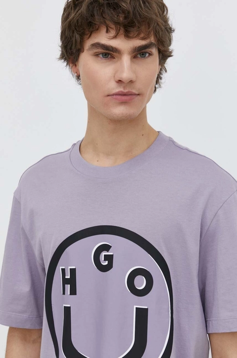 Hugo Blue t-shirt bawełniany męski kolor fioletowy z nadrukiem 50513189