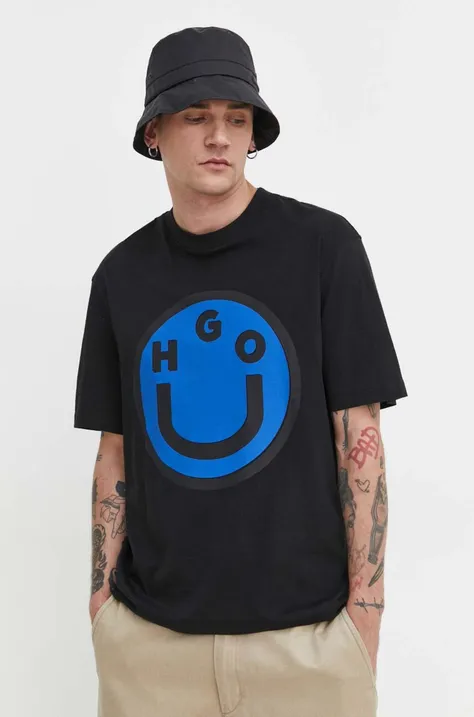 Hugo Blue pamut póló fekete, férfi, nyomott mintás