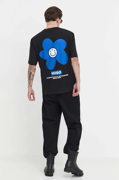Pamučna majica Hugo Blue za muškarce, boja: crna, s tiskom