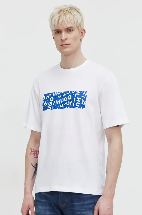 HUGO Blue tricou din bumbac bărbați, culoarea alb, cu imprimeu 50515203