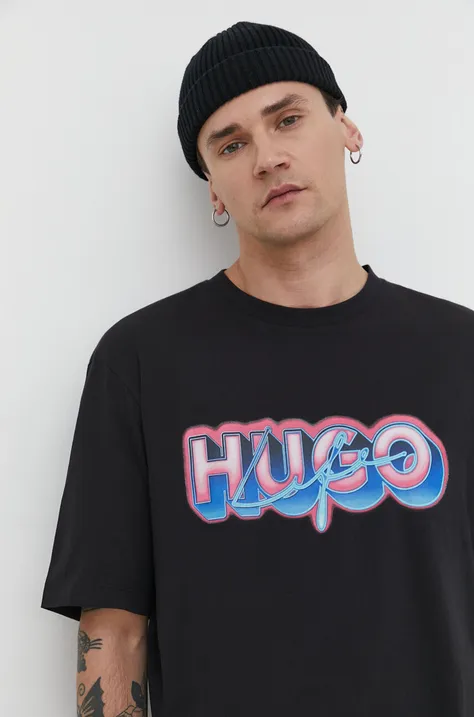 Bavlnené tričko Hugo Blue pánsky,čierna farba,s potlačou,50515278