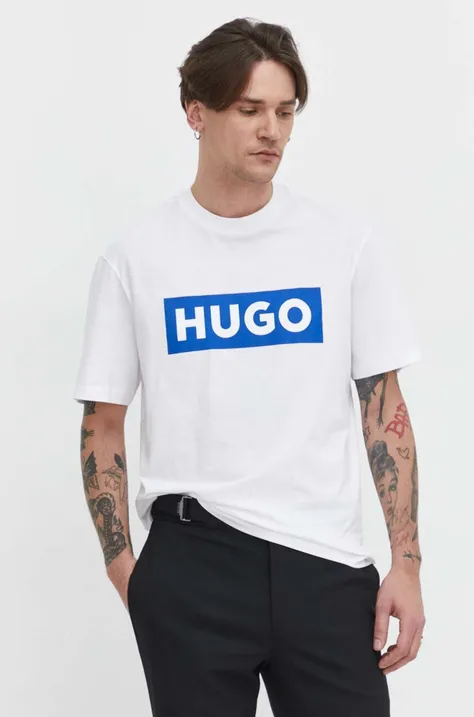 Bombažna kratka majica Hugo Blue moški, bela barva