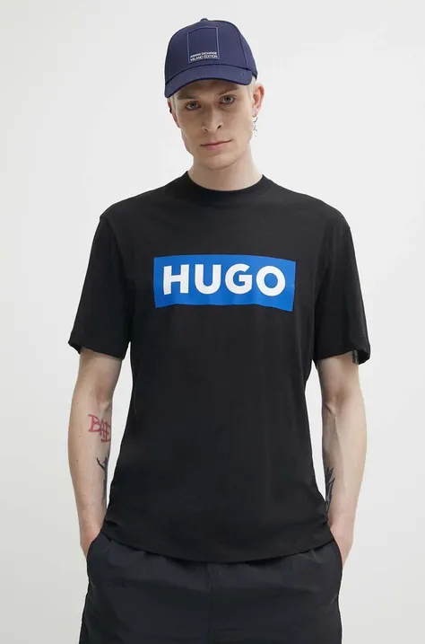 Bavlněné tričko Hugo Blue černá barva, s potiskem