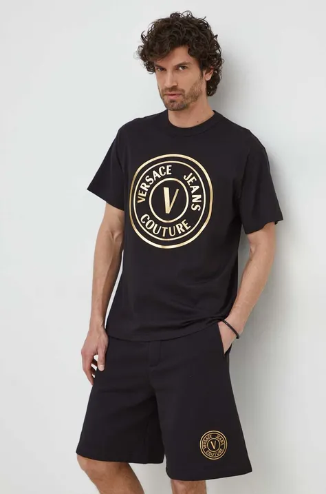 Pamučna majica Versace Jeans Couture za muškarce, boja: crna, s tiskom